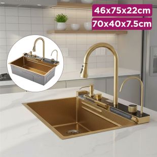 Stainless Steel Kitchen Sink with Faucet and Digital Display - Gold