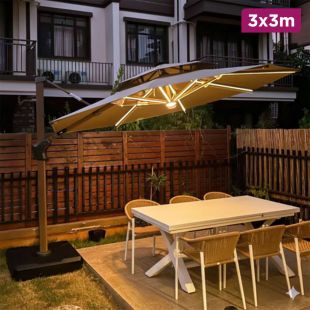 Luxury Outdoor Umbrella with Solar LED & Base - 3 x 3 m