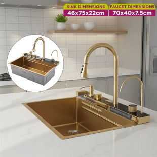 Stainless Steel Kitchen Sink with Faucet and Digital Display - Gold