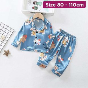 Children’s Long Sleeve Pajama Set with Blue Dog Design