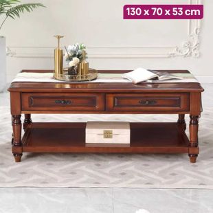Solid Hardwood Side Table with Shelf and 4 Drawers - 130 x 70 x 53 cm