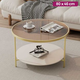 Glass Round Side Table with Metal Frame and Lower Shelf 80 × 46 cm