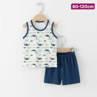 Children’s Cotton Summer Vest and Shorts Set with Dino Stripes Design