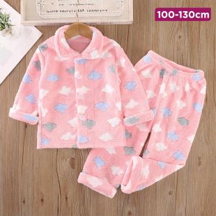 Pink Clouds Design Flannel Pajama for Girls 