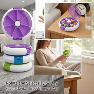 7-Compartment Rotating Round Pill Organizer with Push Button