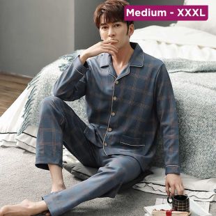 Men’s Cotton Pajama Set with Line Grid Design