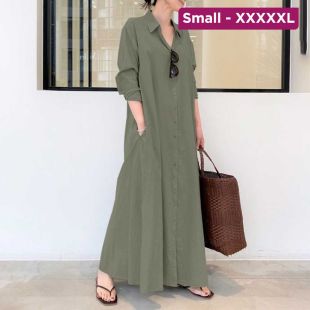 Solid Color Collared Long-Sleeve Long Dress for Women