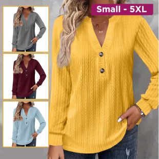 Plain Autumn Blouse With Long Sleeves and V-neck For Women