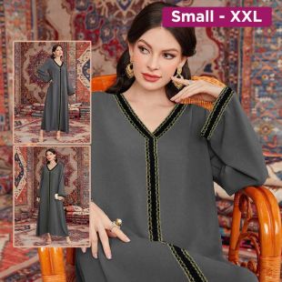 Long Loose Fitting Dress With Arabic Design and V-neck For Women