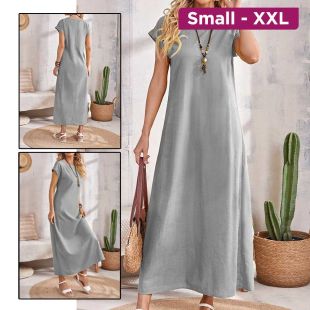 Solid Long Dress with Short Sleeves and Round Neck For Women