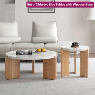 Set of 2 Marble Side Tables with Ash Wooden Base