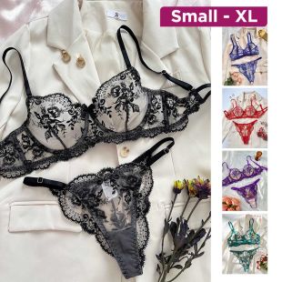 Floral Embroidery Sheer Mesh Lingerie Set Women's
