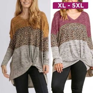 Plus Size Leopard Print Patchwork V-Neck Long Sleeve Top