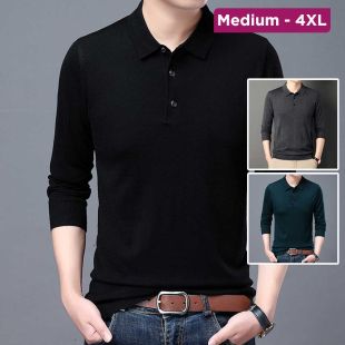 تيشيرت بولو محبوك خفيف بأكمام طويلة للرجال