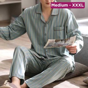 Men’s Cotton Pajama Set with Clear Green Design