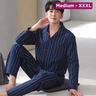 Men’s Cotton Pajama Set with Blue Stripes Design