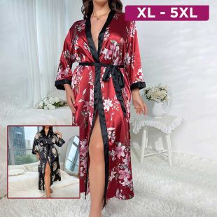 Floral Design Long Sleeve Loose Satin Robe For Women