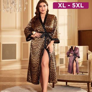 Leopard Print Loose Long Sleeve Satin Robe For Women