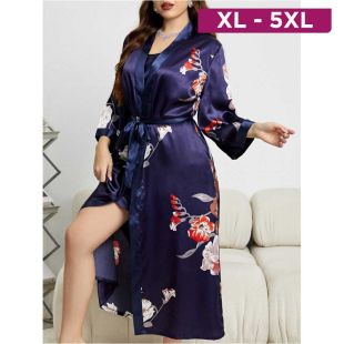 Flowers Loose Long Sleeve Satin Robe For Women