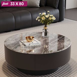 طاولة دائرية من حجر الكريستال الزجاجي مع قاعدة خشبية وأدراج - 80 × 33 سم