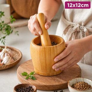 Natural Bamboo Mortar and Pestle for Kitchen