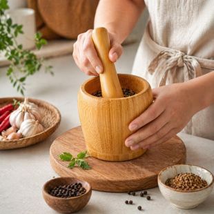 هاون ومدقة خيزران طبيعي للمطبخ