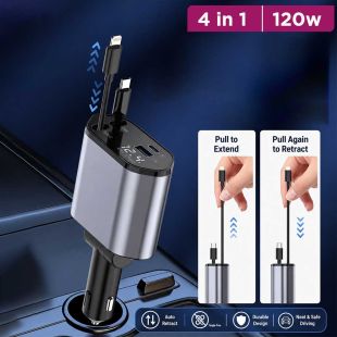 4-in-1 Car Charger Multi-Port with Retractable Cable, and LED Voltage Display 120W 