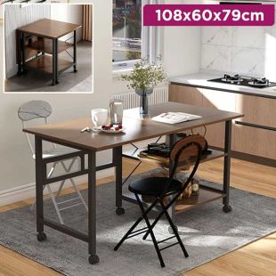 Foldable Dining Table with Shelves and Wheels