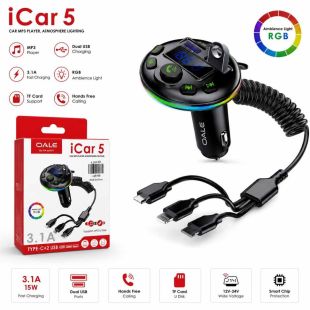 جهاز iCar 5 إرسال الصوت FM وتشغيل MP3 للسيارة مع إضاءة RGB و2 منفذ USB من OALE