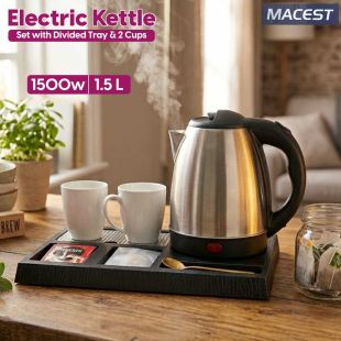 Macest 1500W electric kettle set with 1.5L capacity, divided tray, and two cups for home and hospitality use - Sheeel Kuwait Offers