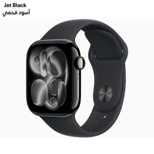 ساعة أبل الجيل 11 GPS مقاس 46 مم هيكل من الألومنيوم مع حزام رياضي مقاس S/M - أسود فحمي (منتج جديد / من غير كرتون)