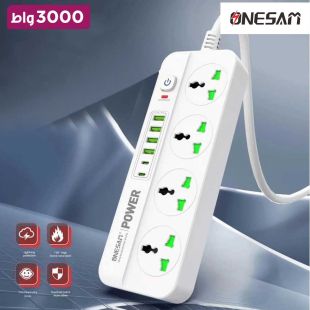 وصلة اشتراك كهربائي 3000 واط مع 4 مخارج و4 منافذ USB ومنفذين PD من Onesam