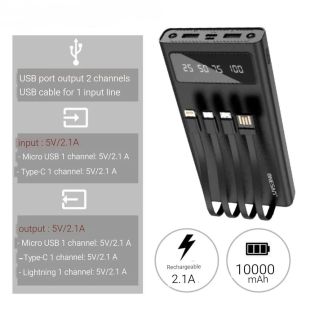 10000mAh Power Bank with Built-in Cables and LED Light by ONESAM