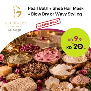 Pearl Bath + Shea Hair Mask + Blow-dry or Wavy Style at Geisha Spa – Bneid Al Gar Branch