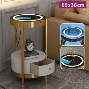 Illuminated Bedside Table with Wireless Phone Charger and Storage