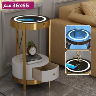 طاولة سرير جانبية مضيئة مع شاحن هاتف لاسلكي ومساحة تخزين