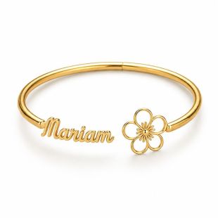 Personalized Birth Flower Bangle with Custom Name in English or Arabic - Gold Plated