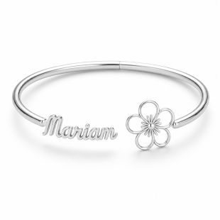 Personalized Birth Flower Bangle with Custom Name in English or Arabic - Silver Plated