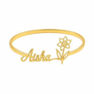 Birth Flower Bangle with Custom Name - English or Arabic - Gold Plated