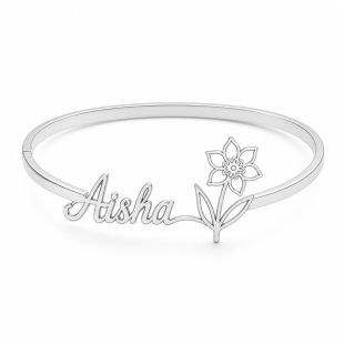 Birth Flower Bangle with Custom Name - English or Arabic - Silver Plated