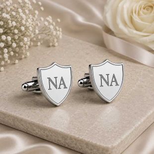 Shield-Shaped Cufflinks with Custom Name Initials - Silver Color