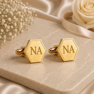 Hexagonal Cufflinks with Custom Name Initials - Gold Color