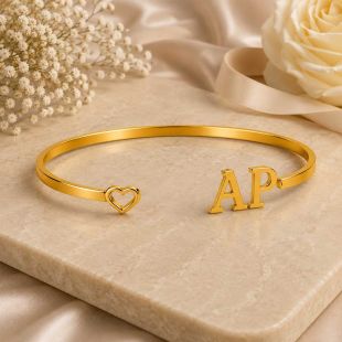 Women's Heart Bangle with Custom Name or Initials - English or Arabic - Gold Color
