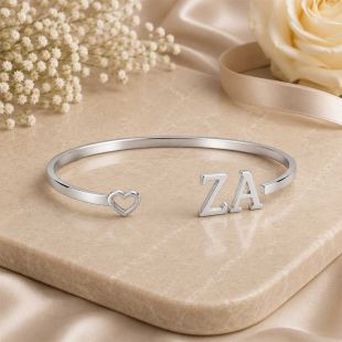 Women's Heart Bangle with Custom Name or Initials - English or Arabic - Silver Color