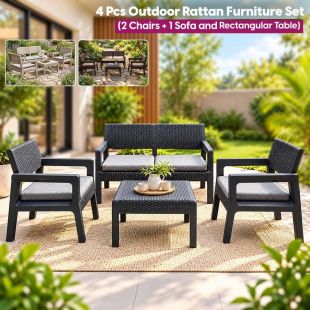 4 Pcs Outdoor Rattan Furniture Set (2 Chairs + 1 Sofa and Rectangular Table)