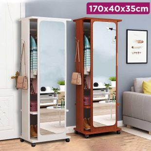360 Degree Rotating Mirror with Coat Rack and Storage Shelf