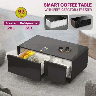 Smart Coffee Table with 93L Refrigerator and Freezer, Built-in Wireless Charger, Speaker and 3 USB Ports by Unique