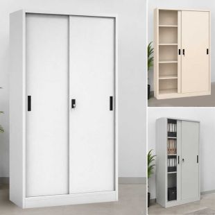 High Steel Office Cabinet with 2 Sliding Metal Doors