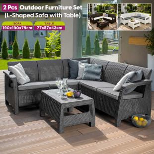 2-piece outdoor furniture set with L-shaped sofa and coffee table featuring a rattan-look design for gardens, balconies, and terraces - Sheeel Kuwait