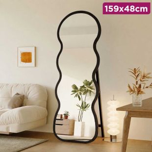 Full-Length Wavy Floor Mirror with Wooden Frame and Stand 159 × 48 CM